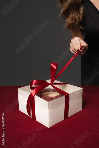 Obraz na płótnie Female hand unties the ribbon on a box with a cake. Close-up of a gift box. The gift is tied with a red ribbon. w salonie