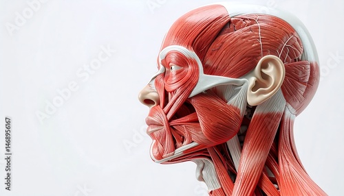 Detailed Human Head Anatomy Muscles Illustration Showing Facial and Neck Musculature in Profile View