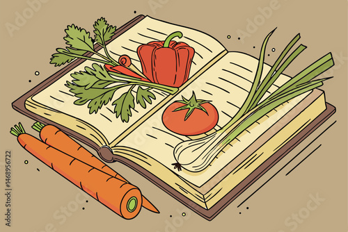 166 realistic, intricate, detailed illustration of an open book with various fresh vegetables and herbs on top, including carrots, bell peppers, tomatoes, celery, and parsley, with a wooden table surf