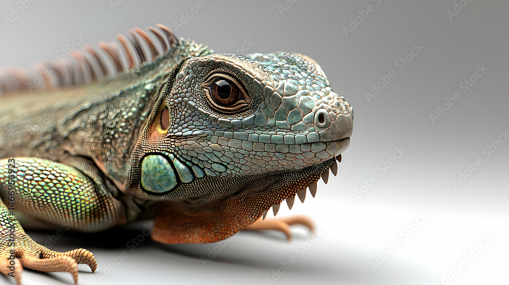 Obraz premium Closeup Iguana Head Portrait Against Light Gray Background