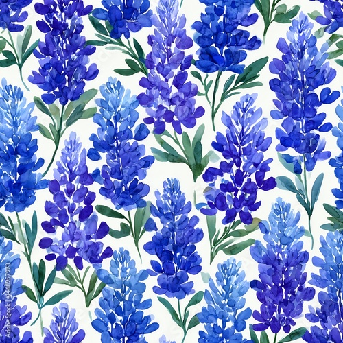 Seamless pattern of flat watercolor-style Texas bluebonnets in soft solid colors