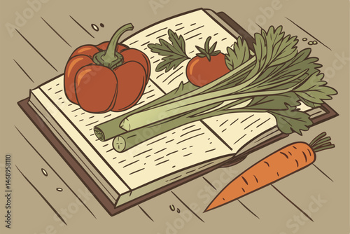 166 realistic, intricate, detailed illustration of an open book with various fresh vegetables and herbs on top, including carrots, bell peppers, tomatoes, celery, and parsley, with a wooden table surf