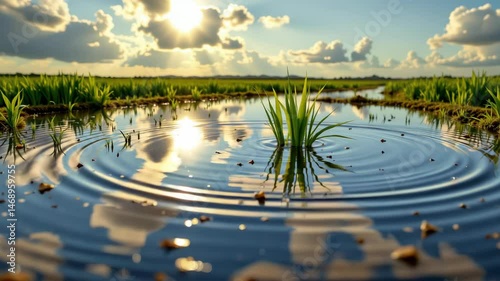 Wallpaper Mural Young rice plants growing in a sunlit, water-filled paddy with ripples spreading on the water’s surface. Torontodigital.ca