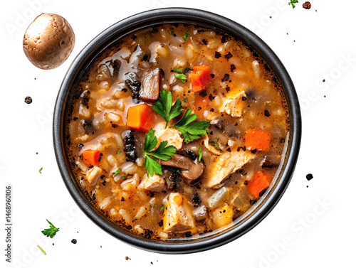 Chicken and mushroom soup bowl, overhead view, herbs, black background, food photography