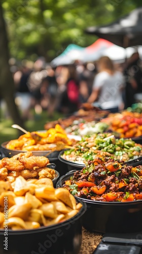 Outdoor food stalls with diverse dishes