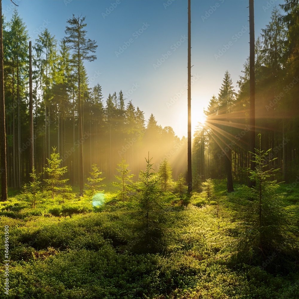 Fototapeta premium Firefly 森林の朝、柔らかい朝日が差し込む風景、高画質、落ち着いた雰囲気 75126 (1)