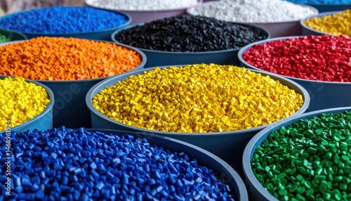 Vibrant bowls filled with colorful plastic pellets showcase a variety of hues, highlighting the raw materials used in manufacturing and recycling processes