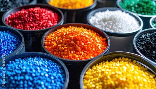 Colorful plastic pellets in various containers showcase a vibrant range of hues, representing materials used in manufacturing and design processes