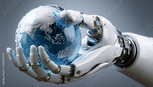 Futuristic Arm Holding Earth : A white robot arm holding a blue globe on an abstract background with digital elements, isolated on a white background.  Generative AI.
