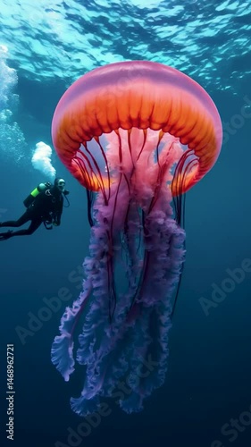 A man in a scuba suit is swimming in the ocean next to a large jellyfish. The jellyfish is pink and orange, and it is surrounded by water. The scene is peaceful and serene, with the man