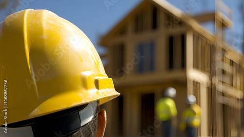 Construction Worker Wearing Yellow Hard Hat Observing New Home Construction