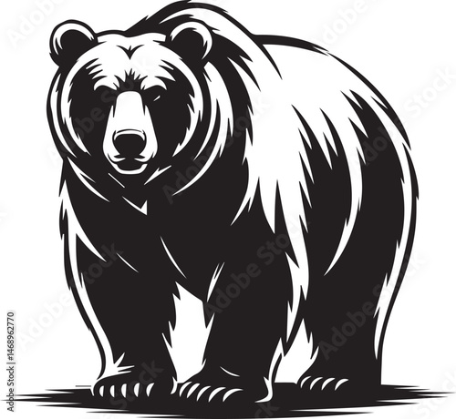 Black and white illustration of a standing bear facing forward