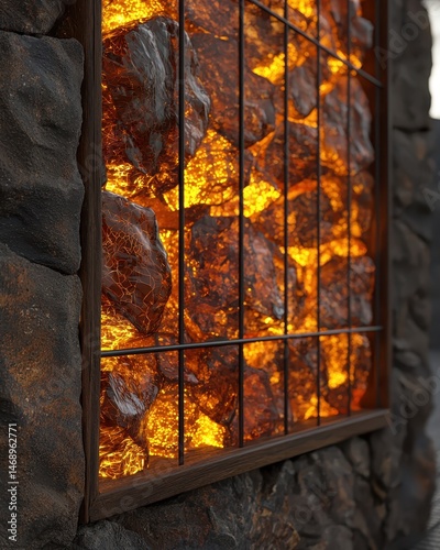 Illuminated Rock Wall Decor with Warm Orange Glow and Texture