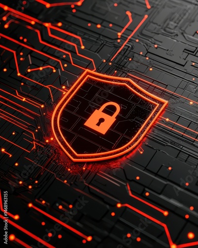 Cybersecurity Shield Icon with Circuit Board Background Design