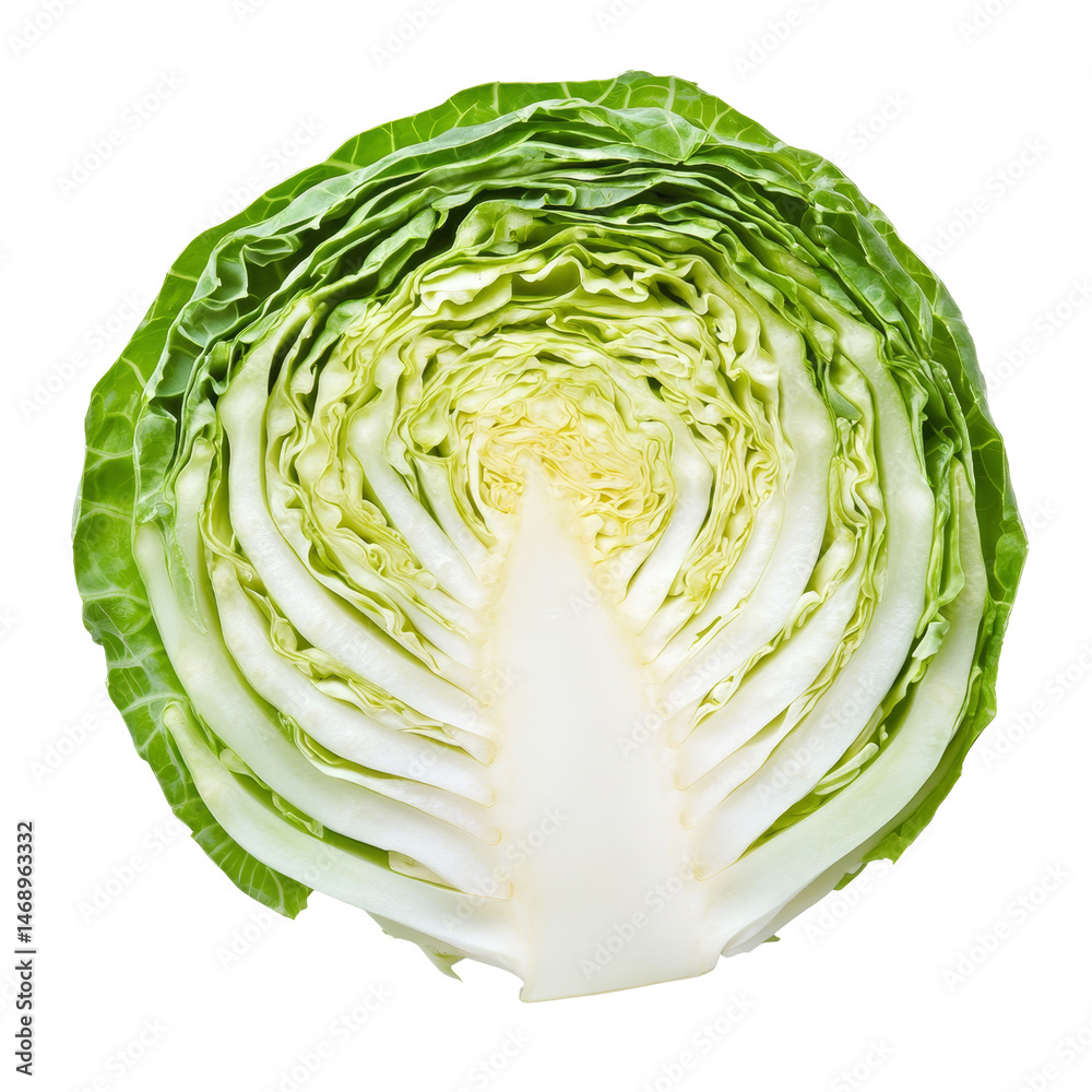 Obraz premium Freshly sliced green cabbage on a transparent background showcasing its vibrant texture and crisp layers, Cabbage sliced isolated on transparent background