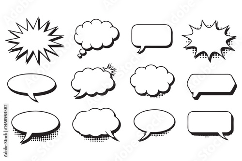 Retro empty comic speech bubbles set with black halftone shadows vector