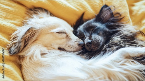 Adorable Small Dogs Sleeping Together on Cozy Yellow Blanket