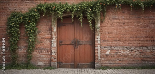 Weathered red brick wall, antique wooden door, climbing vines , element, texture, vine foliage