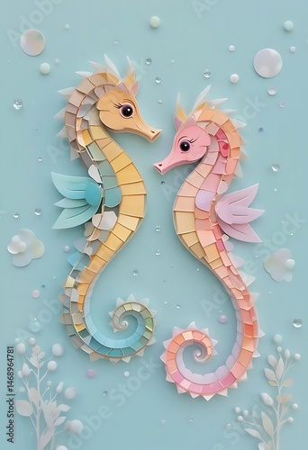 Two Pastel Seahorses Facing Each Other in a Delicate Aquatic Scene with Soft Blue Background, Featuring Whimsical Bubbles and Elegant Paper Cut Style Design photo