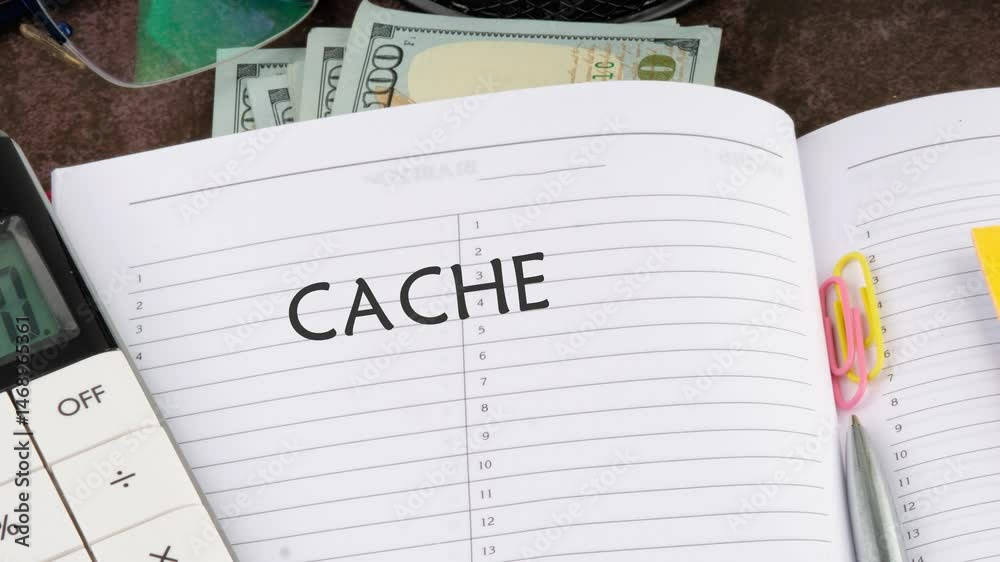 The desktop has a calculator, cash, and an open notebook with ANIMATED CACHE TEXT, indicating an emphasis on technology and finance