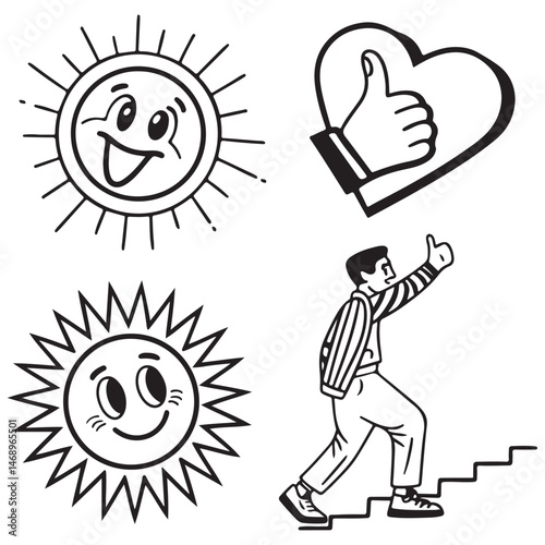 Vector Line Art Icon Set of Monochrome Positivity