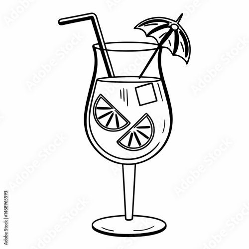 Cocktail with citrus slice - line art vector illustration in white background