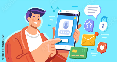 User interacts with applications on mobile device. Young man enters security password online on his smart phone