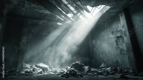 Tranquil Light Rays Illuminating Abandoned Dark Room with Debris