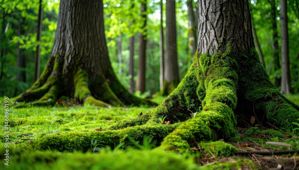 Obraz premium Majestic tree roots covered in vibrant green moss, surrounded by lush foliage, create a serene forest atmosphere