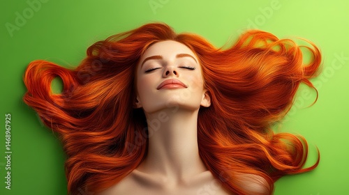 Woman with long red hair is laying down on a green background. She has a peaceful expression on her face