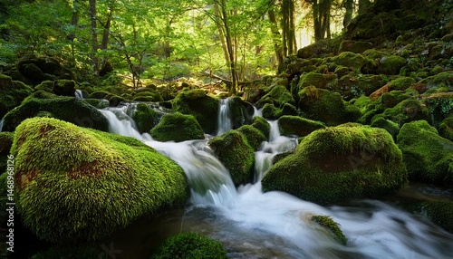 Firefly 深い森の中の苔むした岩と小滝 4197