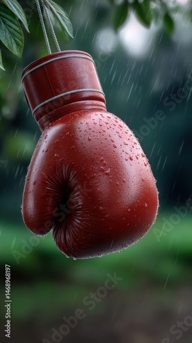Red boxing glove hanging outside in a rain storm. Weathered sporting equipment showing a symbol of determination and challenges during inclement conditions.