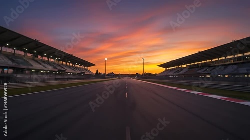 Empty racing track at sunset with stadium