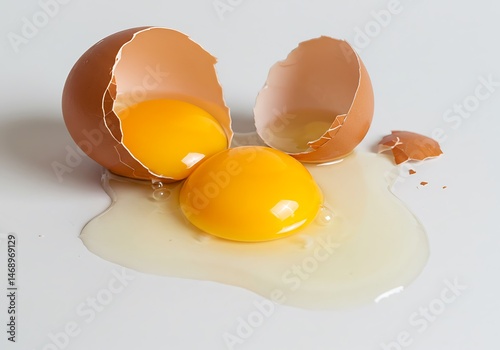 Broken egg with yolk and shell on white surface showing raw food