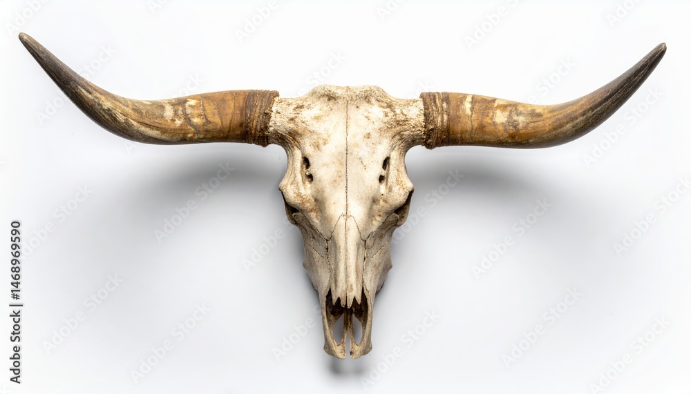 Fototapeta premium A detailed bull skull with prominent horns, displayed against a clean background, showcasing its texture and features in a striking manner