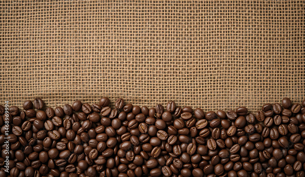 Fototapeta premium Roasted coffee beans fill the bottom of the frame against a burlap background. Rich, dark, and aromatic, perfect for coffee lovers.