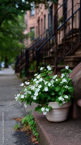 Wallpaper Mural White Flowers in Pot on Brownstone Steps in Urban Setting Torontodigital.ca