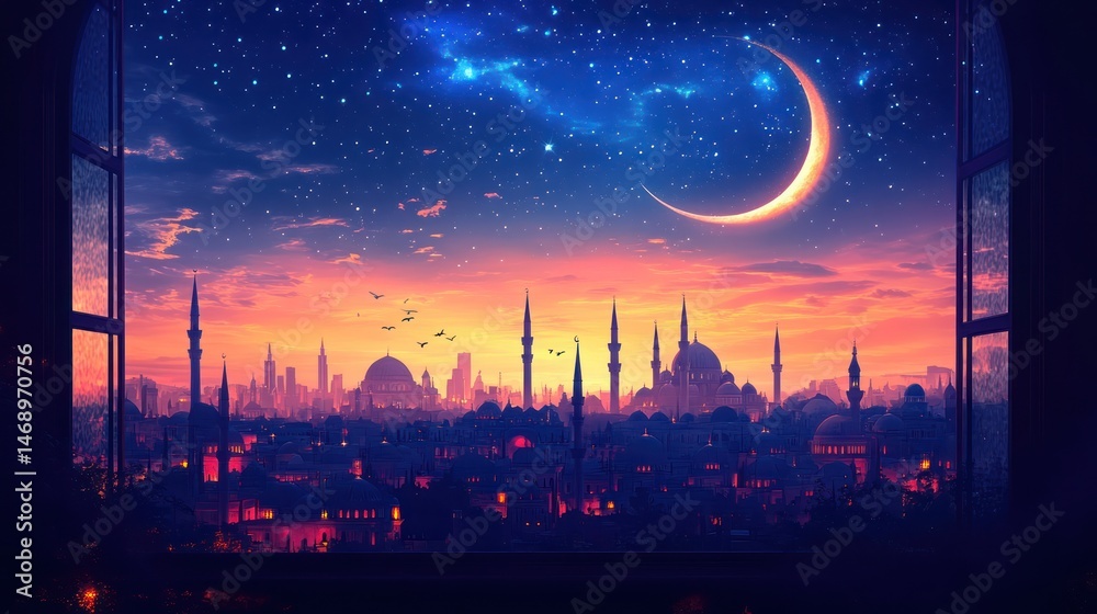 Fototapeta premium Cityscape Crescent Moon Starry Night View
