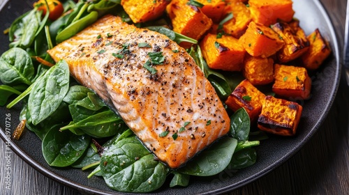 A vibrant pescatarian dinner plate featuring baked salmon, spinach salad, and a side of roasted sweet potato for a boost in fiber.