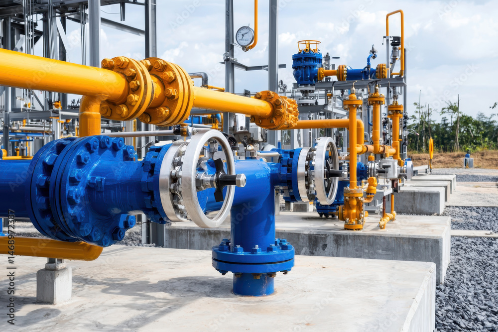 Fototapeta premium Industrial pipeline system with blue and yellow valves, showcasing energy infrastructure and engineering design