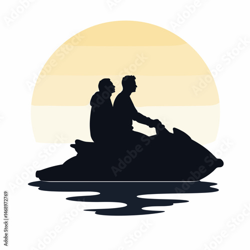 Silhouetted couple riding a jet ski against a sunset backdrop  