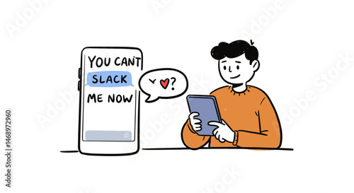 Young man smiling while texting on smartphone with Slack message  