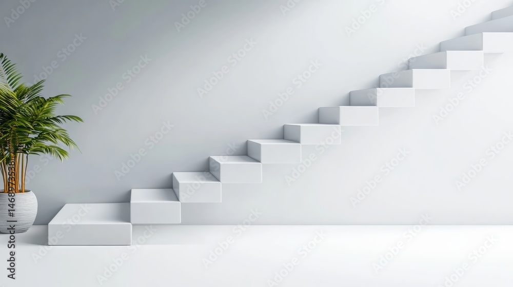 Fototapeta premium White staircase with a potted plant in front of it. The staircase is very tall and narrow, and the plant is small and green. The image has a minimalist and modern feel to it
