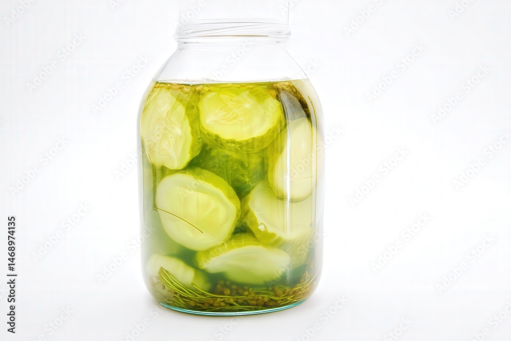 Glass jar of sliced pickles in brine with herbs on white background
