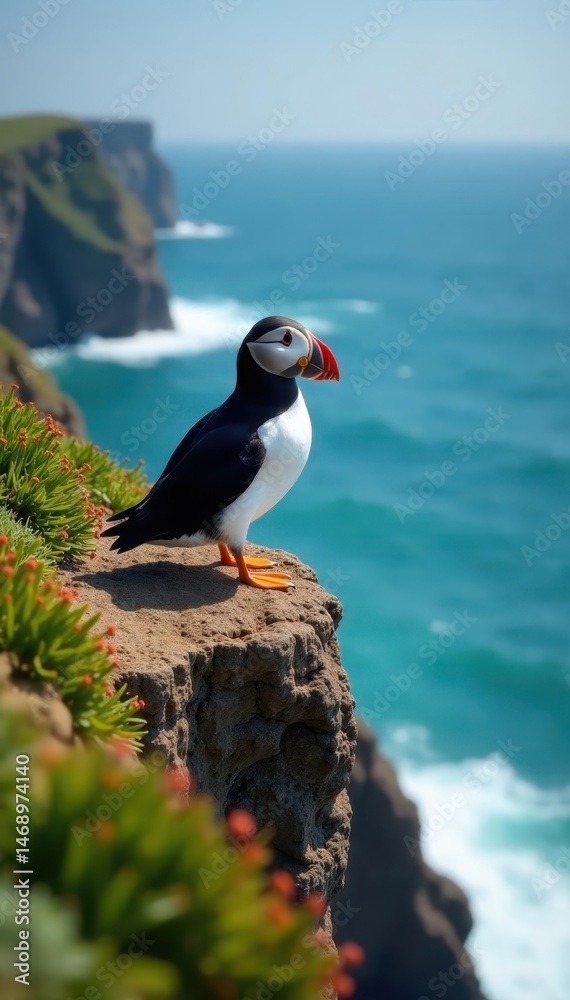 Naklejka premium Atlantic puffin perched on rugged cliff edge, overlooking ocean, cliffside, animal