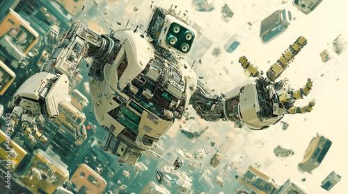 Disassembled Robot Amidst Falling Debris in a Digital Art Setting