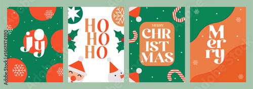 Merry Christmas and Happy New Year greeting card Set. Colorful beautiful Christmas design with typography, Christmas decorative elements. Minimal art banner, poster, cover templates