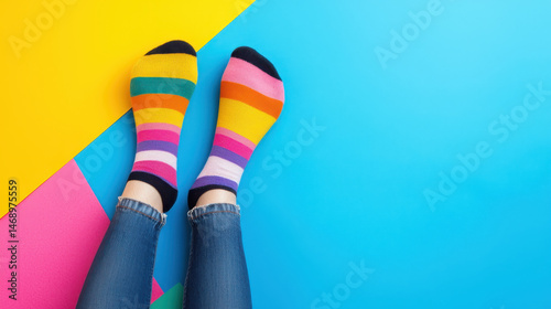 Bright mismatched socks on feet create fun and playful vibe against colorful background