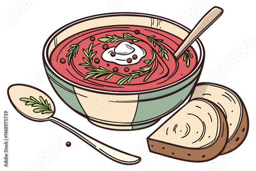 172 a bowl of creamy red beet soup, garnished with a dollop of sour cream and fresh herbs, served with a spoon and bread on the side, studio shot, high resolution, food photography