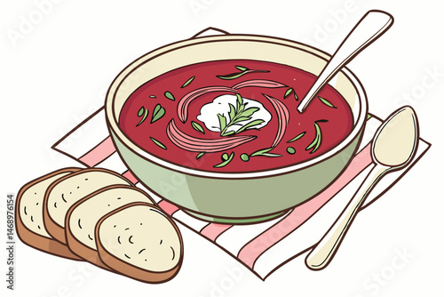 172 a bowl of creamy red beet soup, garnished with a dollop of sour cream and fresh herbs, served with a spoon and bread on the side, studio shot, high resolution, food photography